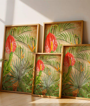 Colorful botanical illustration with tropical leaves on textured background
