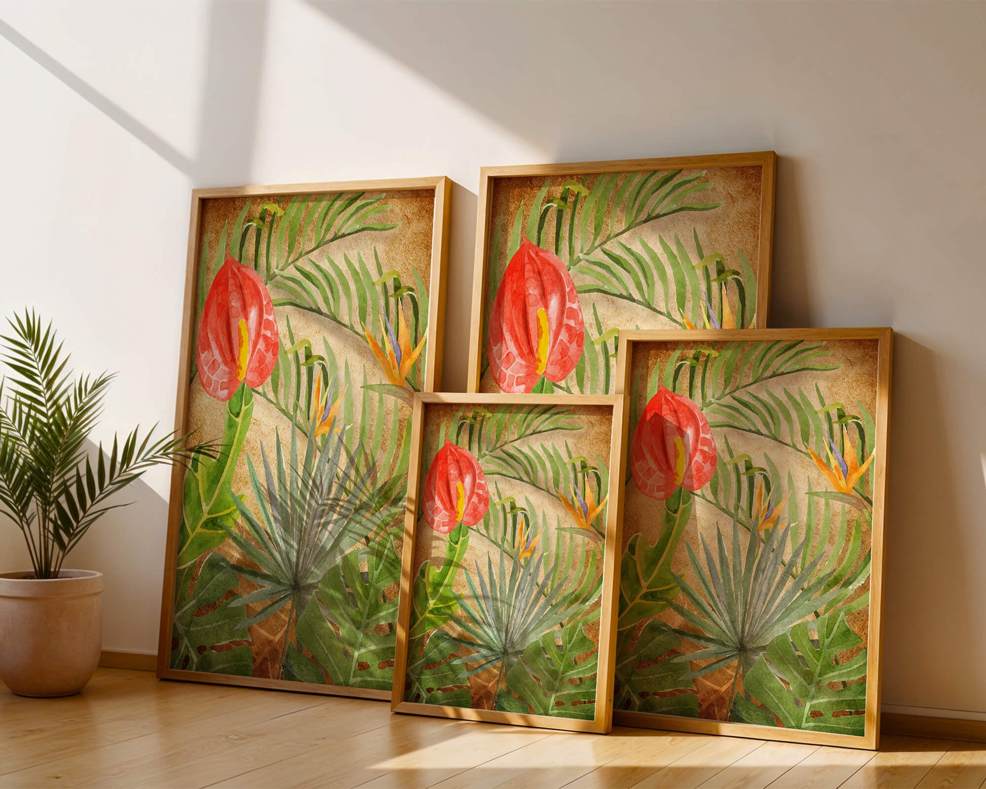 Colorful botanical illustration with tropical leaves on textured background