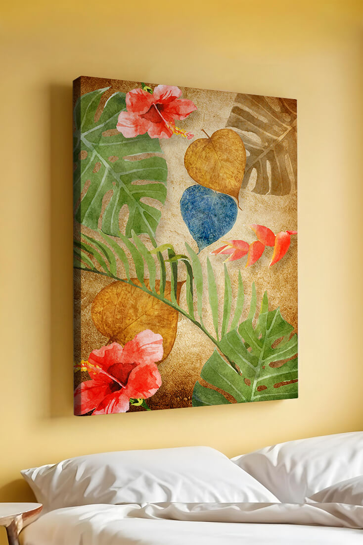 Vibrant tropical leaves and flowers watercolor design