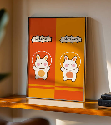 Adorable cartoon bunnies on vibrant orange and yellow background