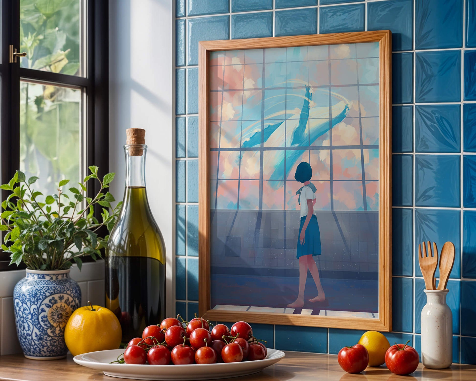 Young girl looking at a giant whale through a large window