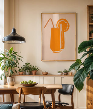 Ilustración de jugo de naranja con pajilla y rodaja de naranja