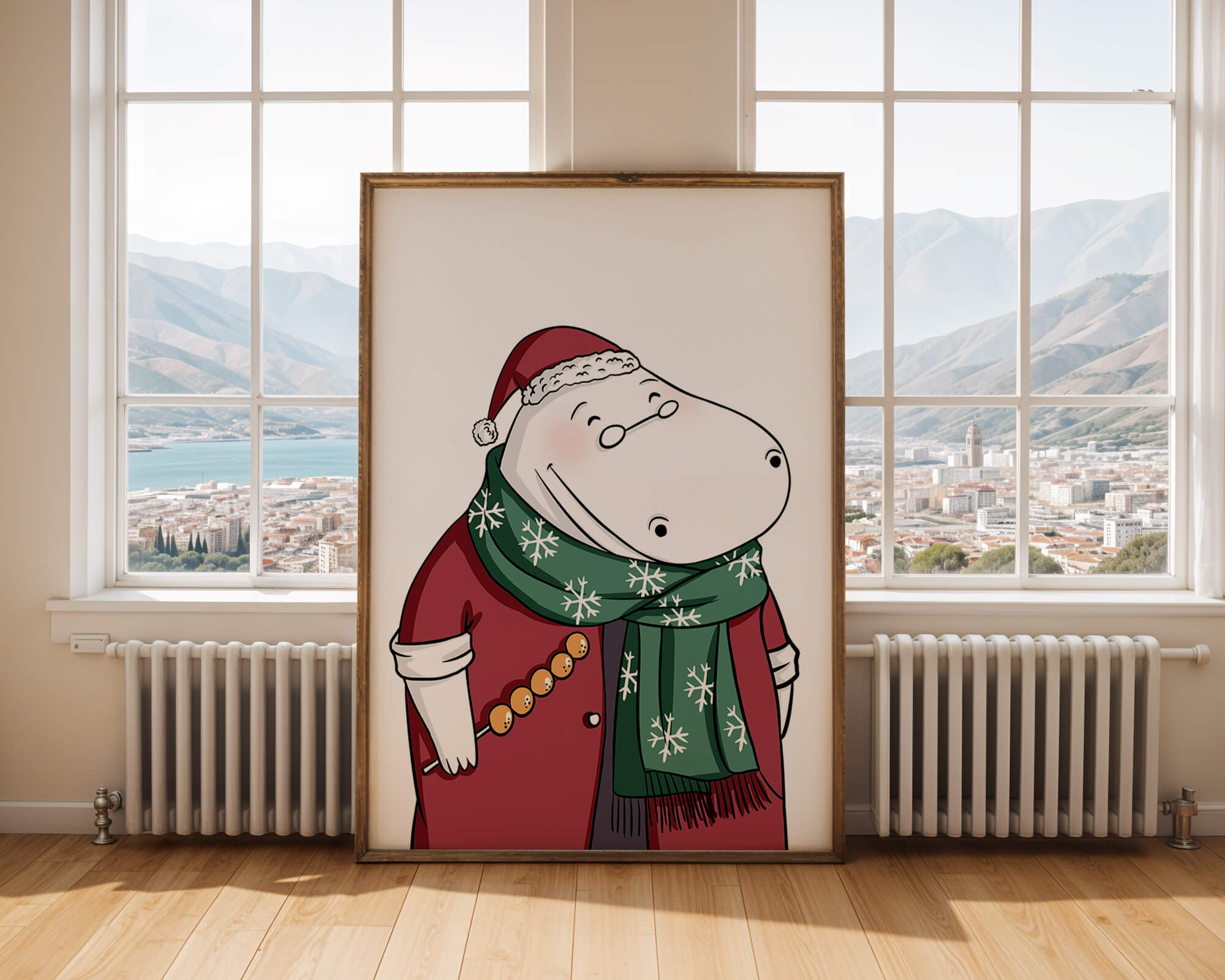 Festive hippo in a red outfit with a green snowflake scarf