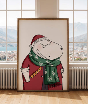 Festive hippo in a red outfit with a green snowflake scarf