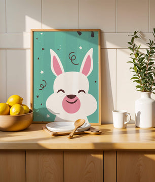 Adorable cartoon bunny on teal background with playful elements
