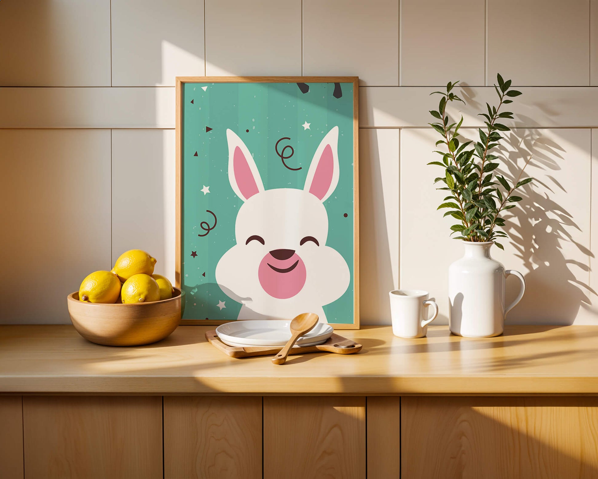 Adorable cartoon bunny on teal background with playful elements