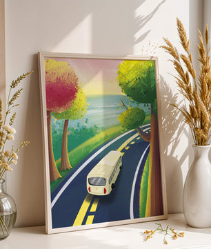 Scenic Road Trip with Vibrant Trees and Sunset