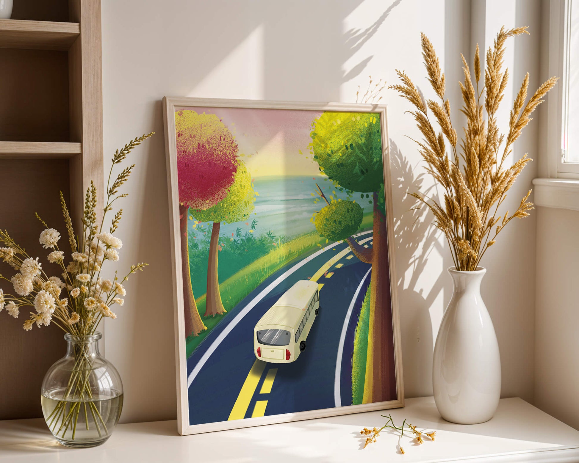 Scenic Road Trip with Vibrant Trees and Sunset
