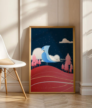 Colorful Night Scene with Blue Bird Under Starry Sky - Mi tienda