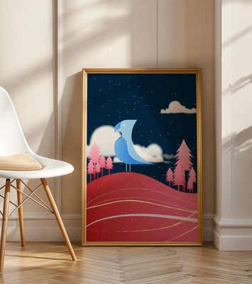 Colorful Night Scene with Blue Bird Under Starry Sky