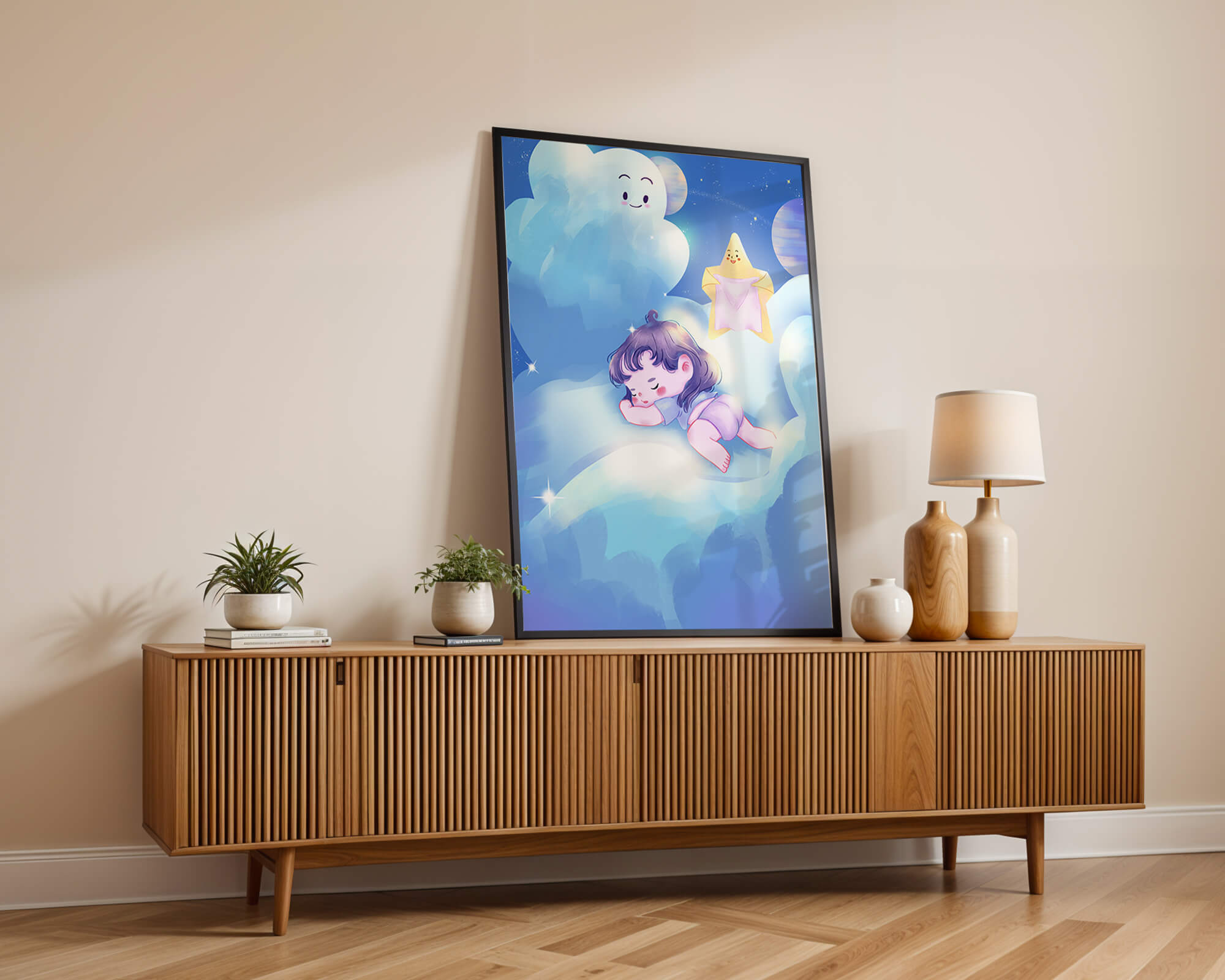 Dreamy illustration of sleeping child on clouds with smiling cloud and star