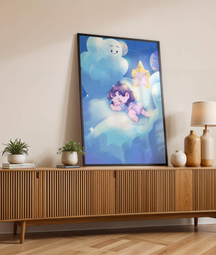 Dreamy illustration of sleeping child on clouds with smiling cloud and star