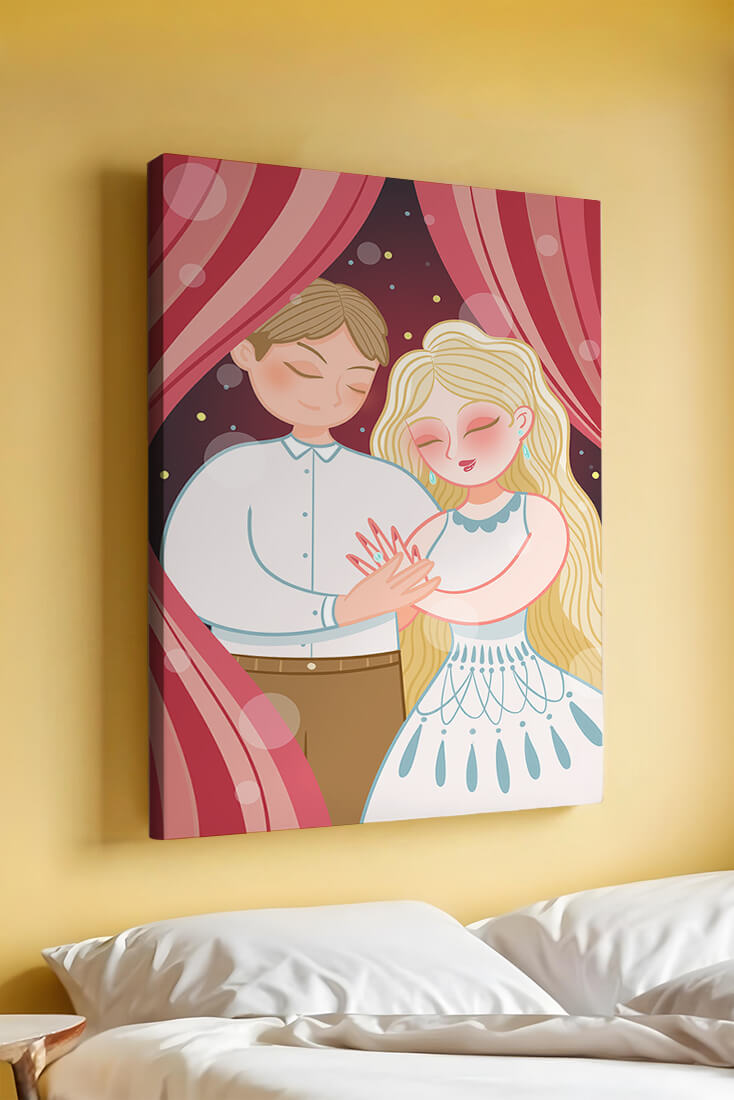 Romantic couple under red curtains with gentle embrace