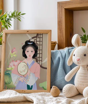 Elegant traditional Asian woman in pastel attire with floral background