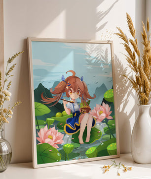 Chica de anime sentada en hojas de lirio con montañas al fondo