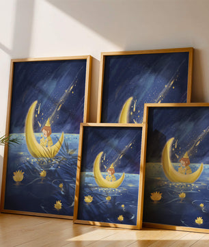 Voyage nocturne magique avec une fille dans un bateau-lune doré
