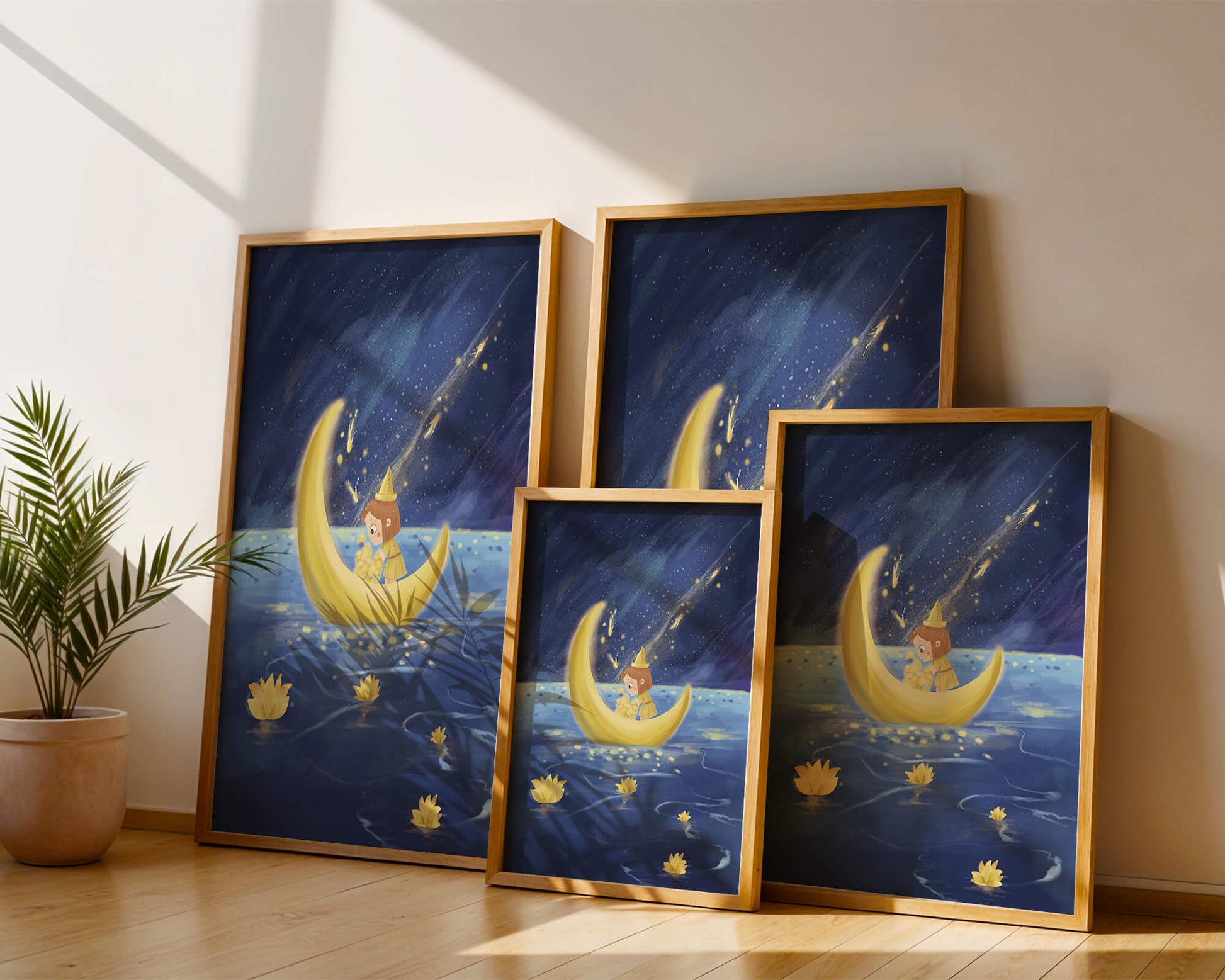 Magical Night Journey with Girl in Golden Moon Boat