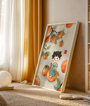 Illustration of a girl sitting on a persimmon surrounded by fruit and leaves