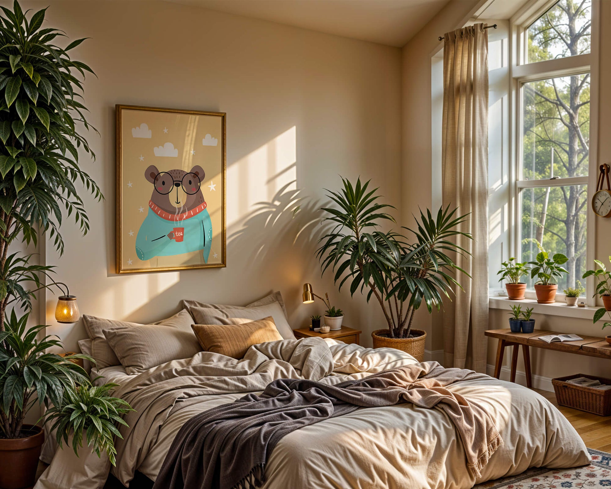 Illustration of a cozy bear enjoying tea with glasses