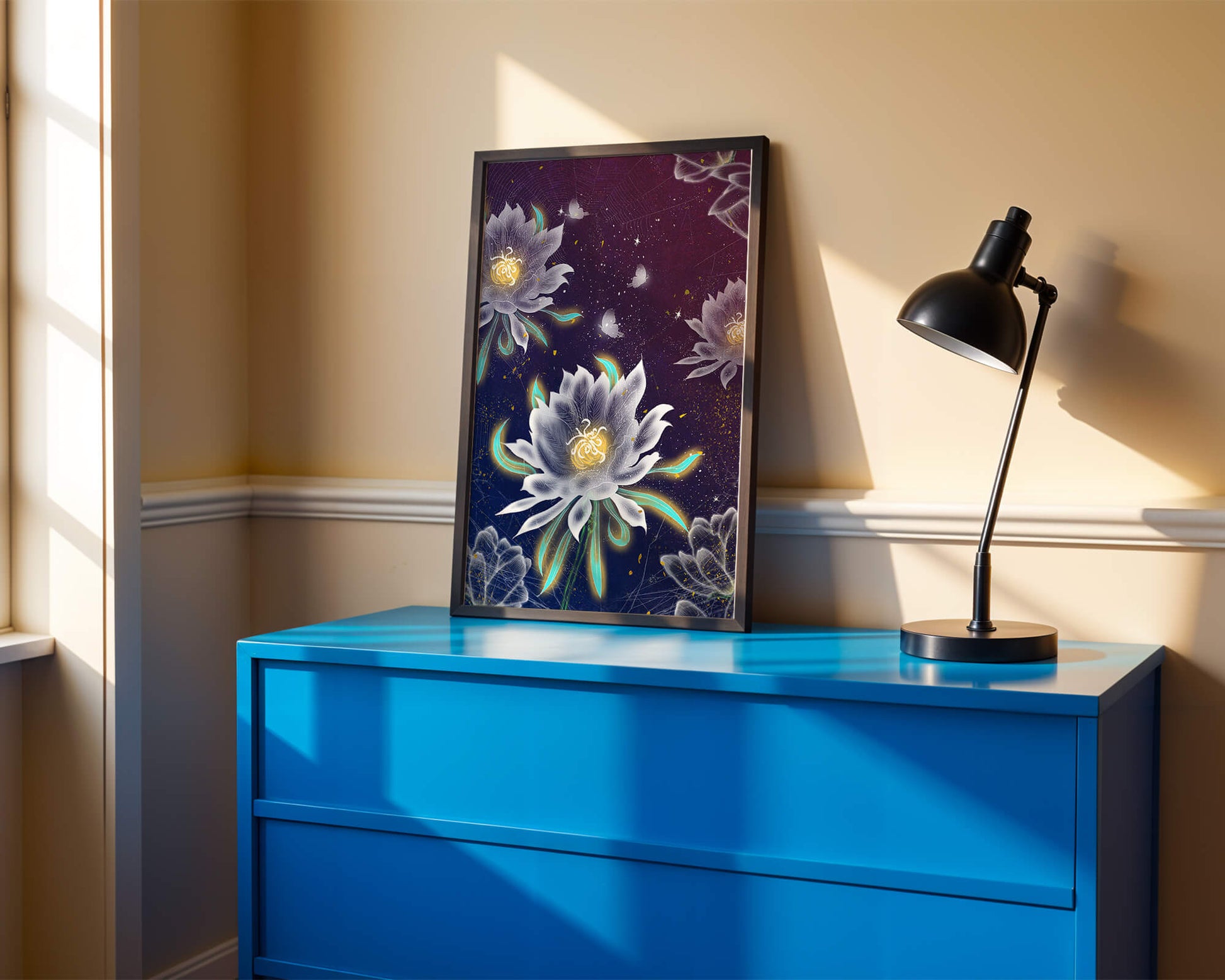 Floral Fantasy with Glowing Elements and Butterflies in Night Sky