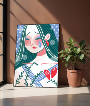 Ilustración de una mujer triste con el corazón roto
