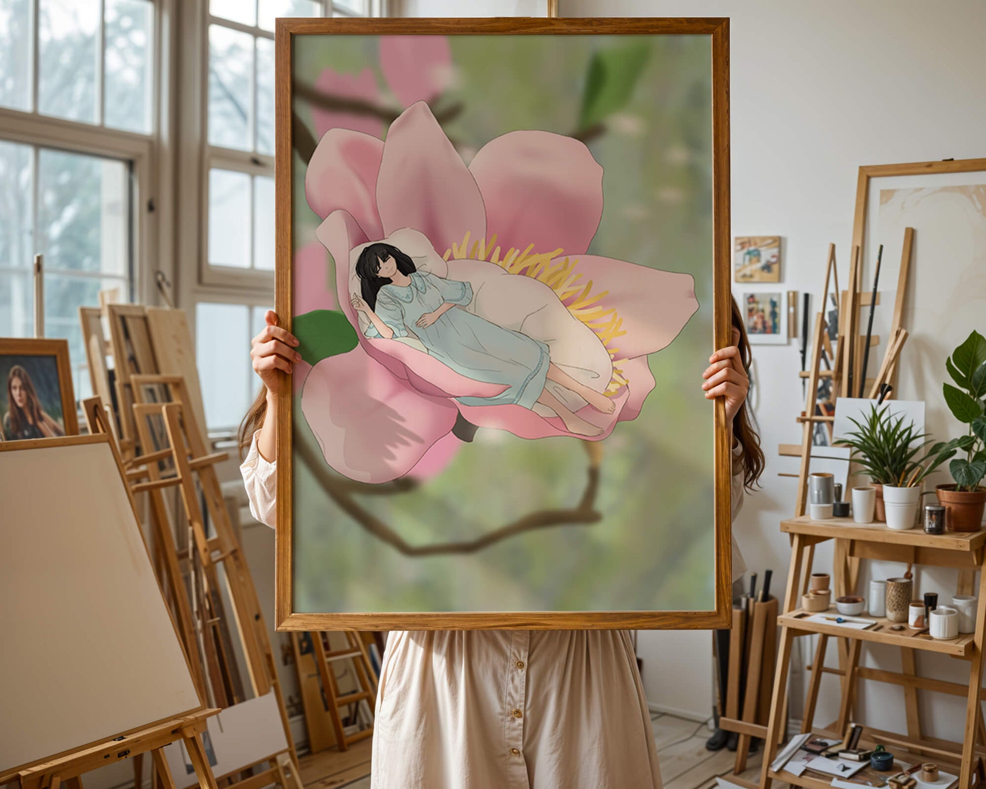 Dreamlike scene of a woman sleeping in a large pink flower