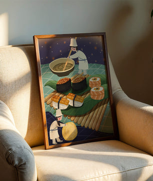 Ilustración juguetona de chefs preparando sushi en un paisaje imaginario