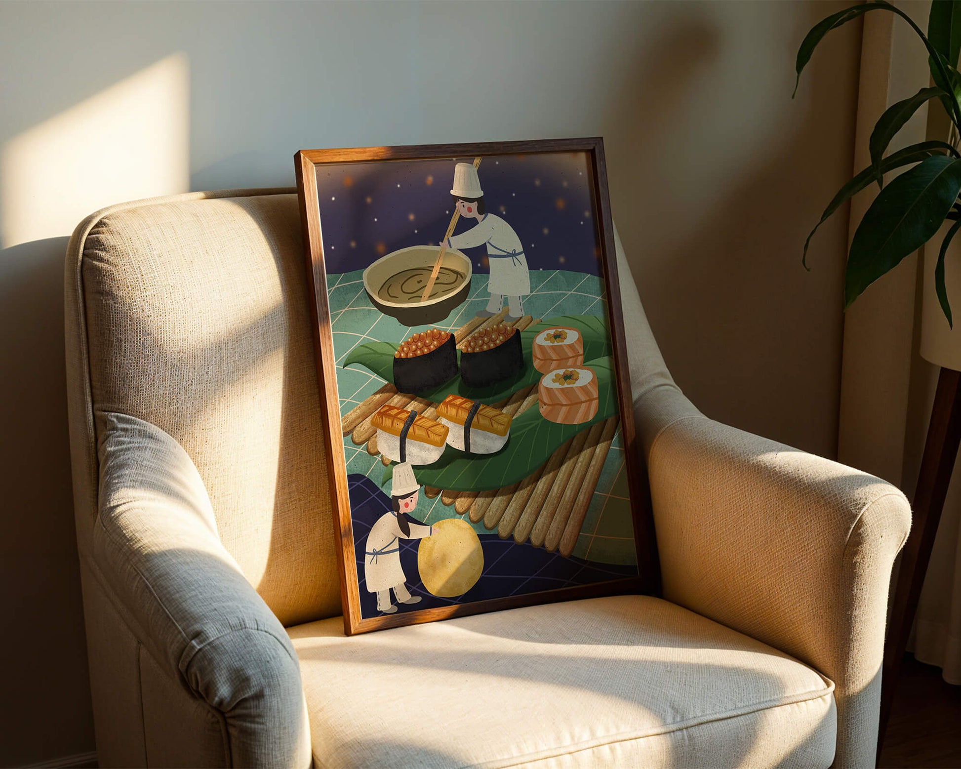 Ilustración juguetona de chefs preparando sushi en un paisaje imaginario