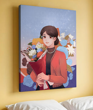 Mujer sosteniendo ramo con fondo floral