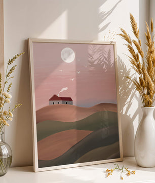 House On Pink Hill Under Full Moon