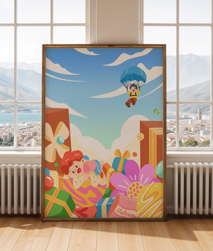 Colorful illustration with presents and children playing under a blue sky