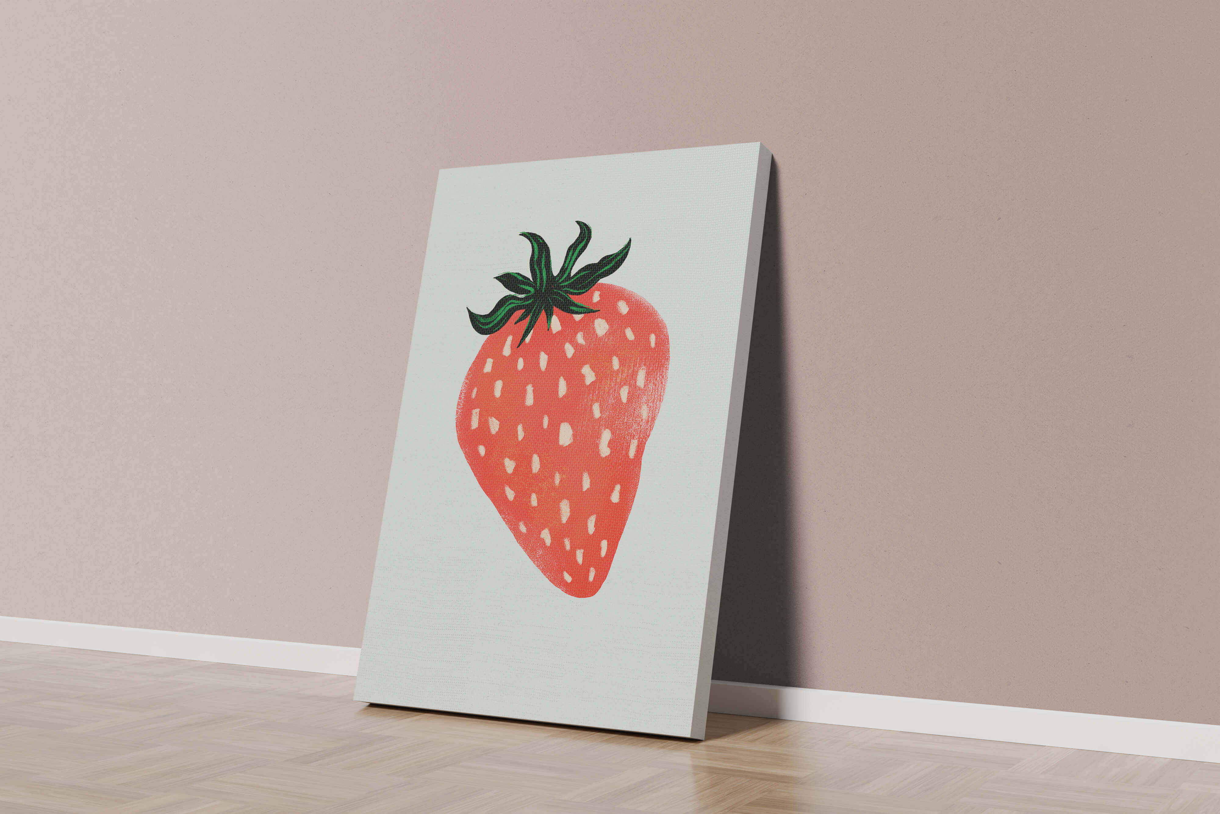 Illustrative design of a vibrant red strawberry with green leaves