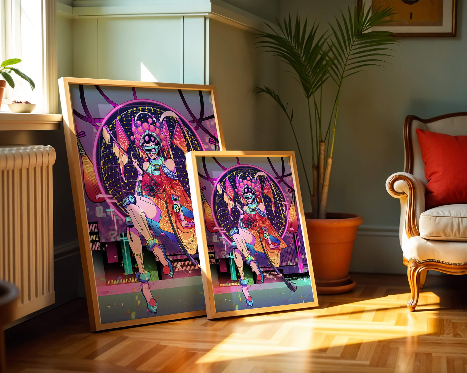 Futuristic geisha with neon lights and traditional elements