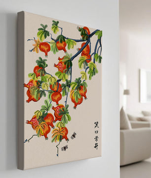 Artistic illustration of vibrant pomegranates on a branch with Asian aesthetic