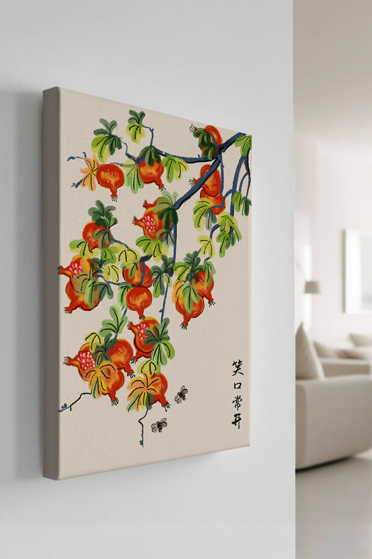 Artistic illustration of vibrant pomegranates on a branch with Asian aesthetic