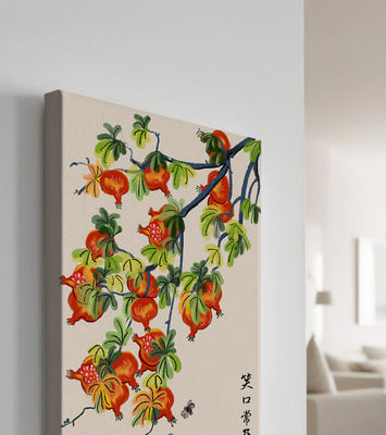 Artistic illustration of vibrant pomegranates on a branch with Asian aesthetic