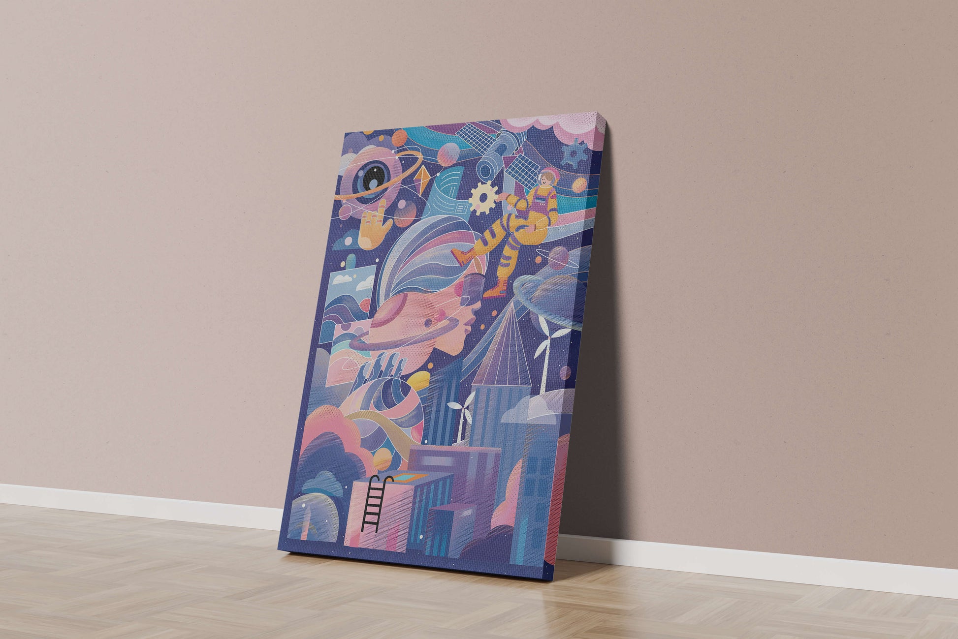 Farbenfrohe futuristische Weltraumillustration mit Astronauten und abstrakten Elementen