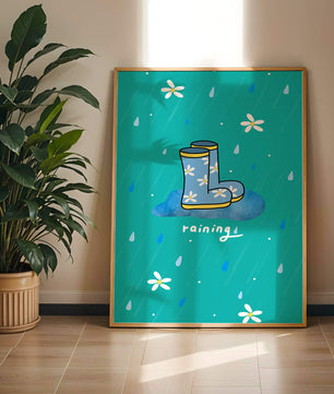 Colorful rain boots with floral pattern on a rainy background