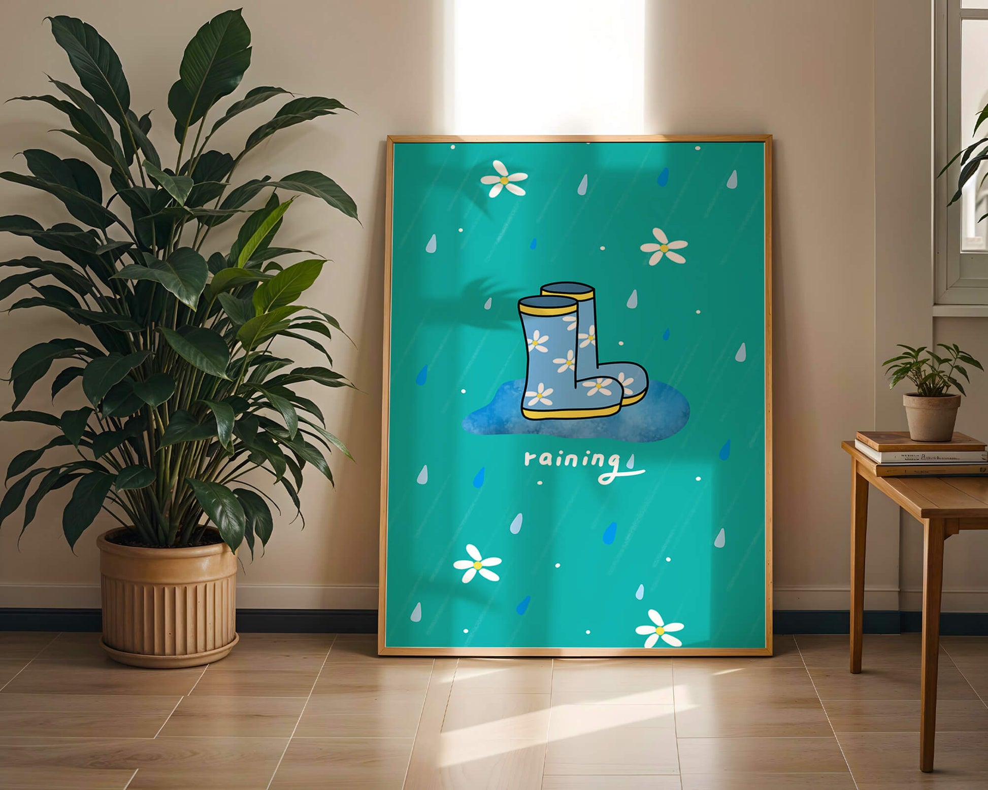 Colorful rain boots with floral pattern on a rainy background