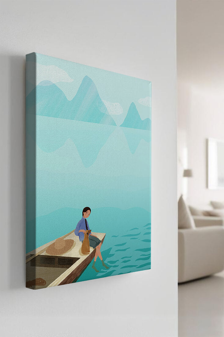 Serene scene with woman and dog on a boat by tranquil waters