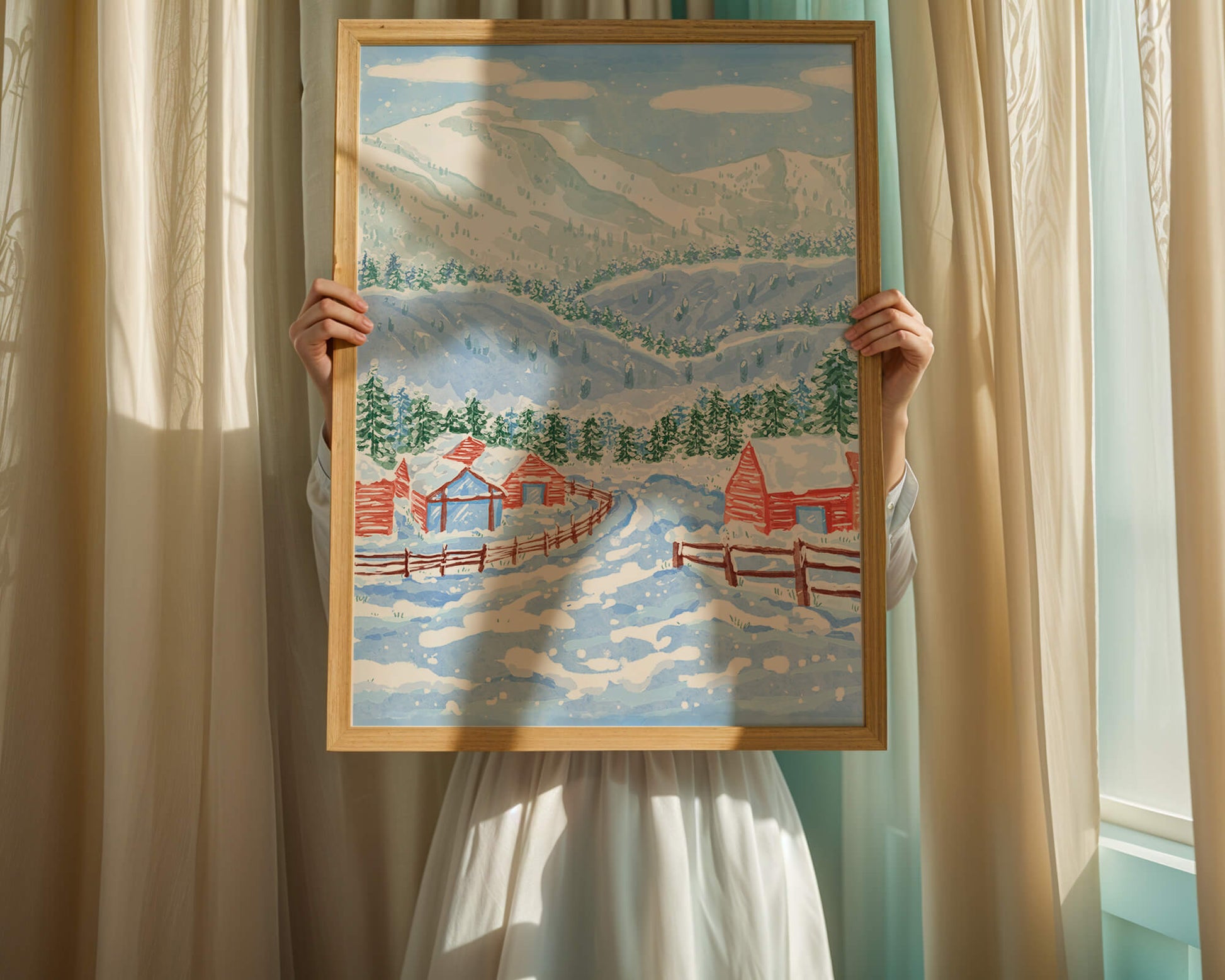 Charming snowy landscape with mountain view and cozy cabins