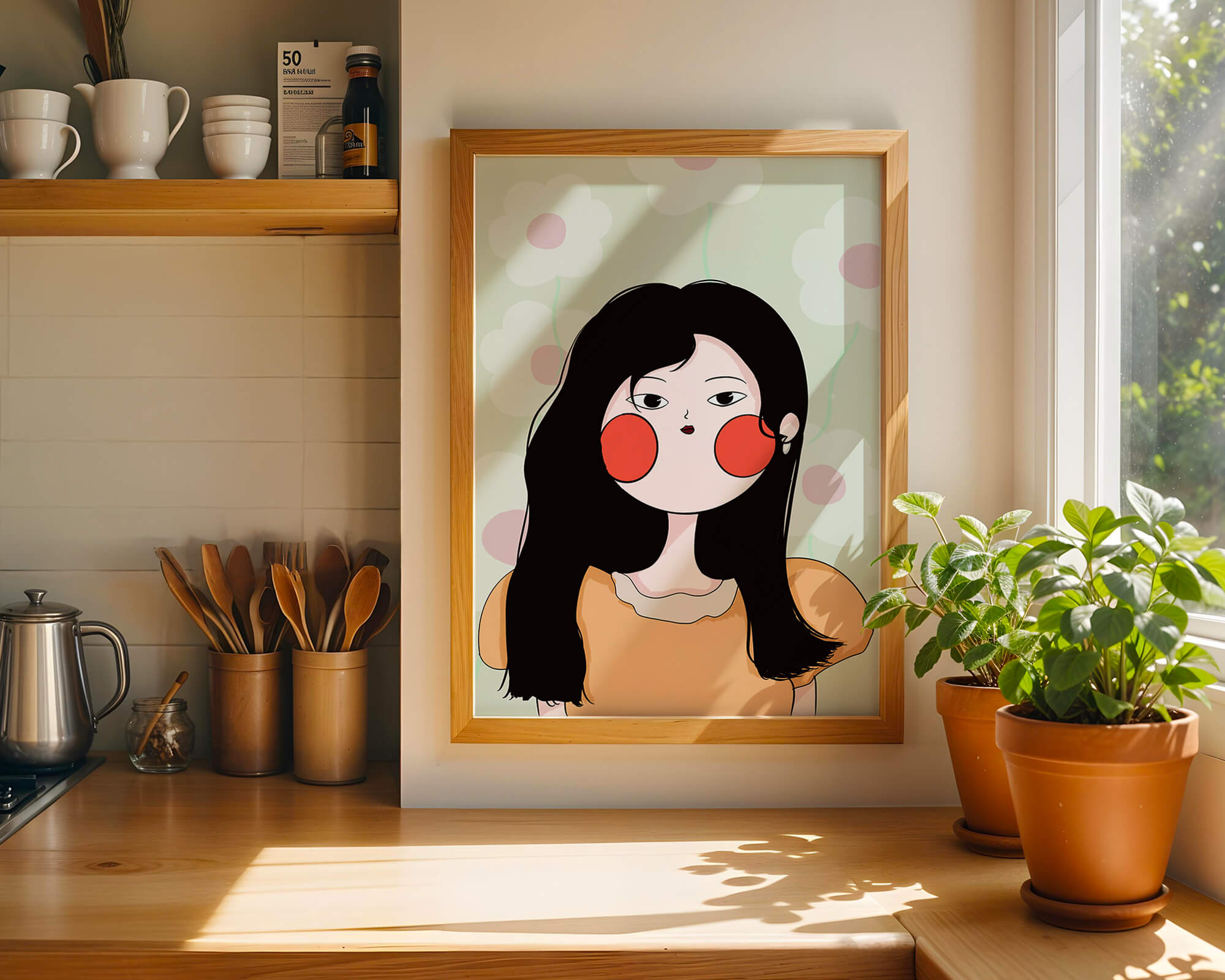 Charming illustration of a young woman with floral background