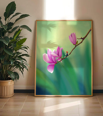 Serene illustration of magnolia flowers with a small figure in a hat