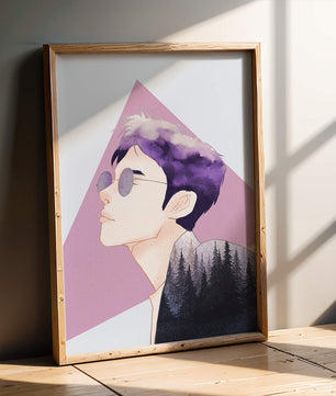 Abstract Portrait of a Person with Forest Silhouette and Purple Hair - Mi tienda
