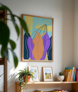 Abstract floral illustration with vibrant colors and geometric shapes