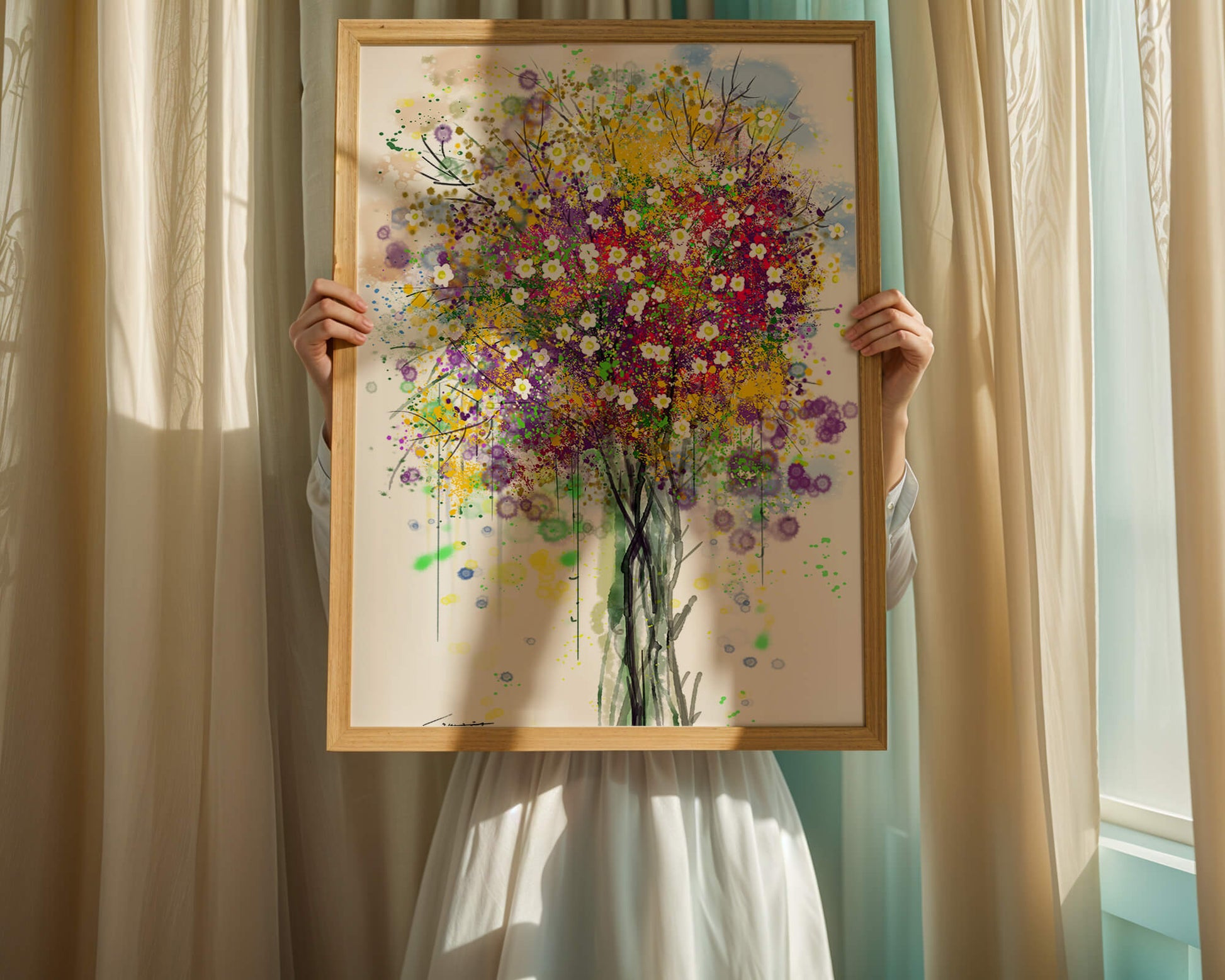 Abstract expressionist floral tree with vibrant colors