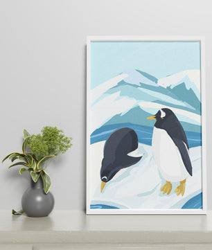 Gentoo penguins in an Antarctic landscape illustration