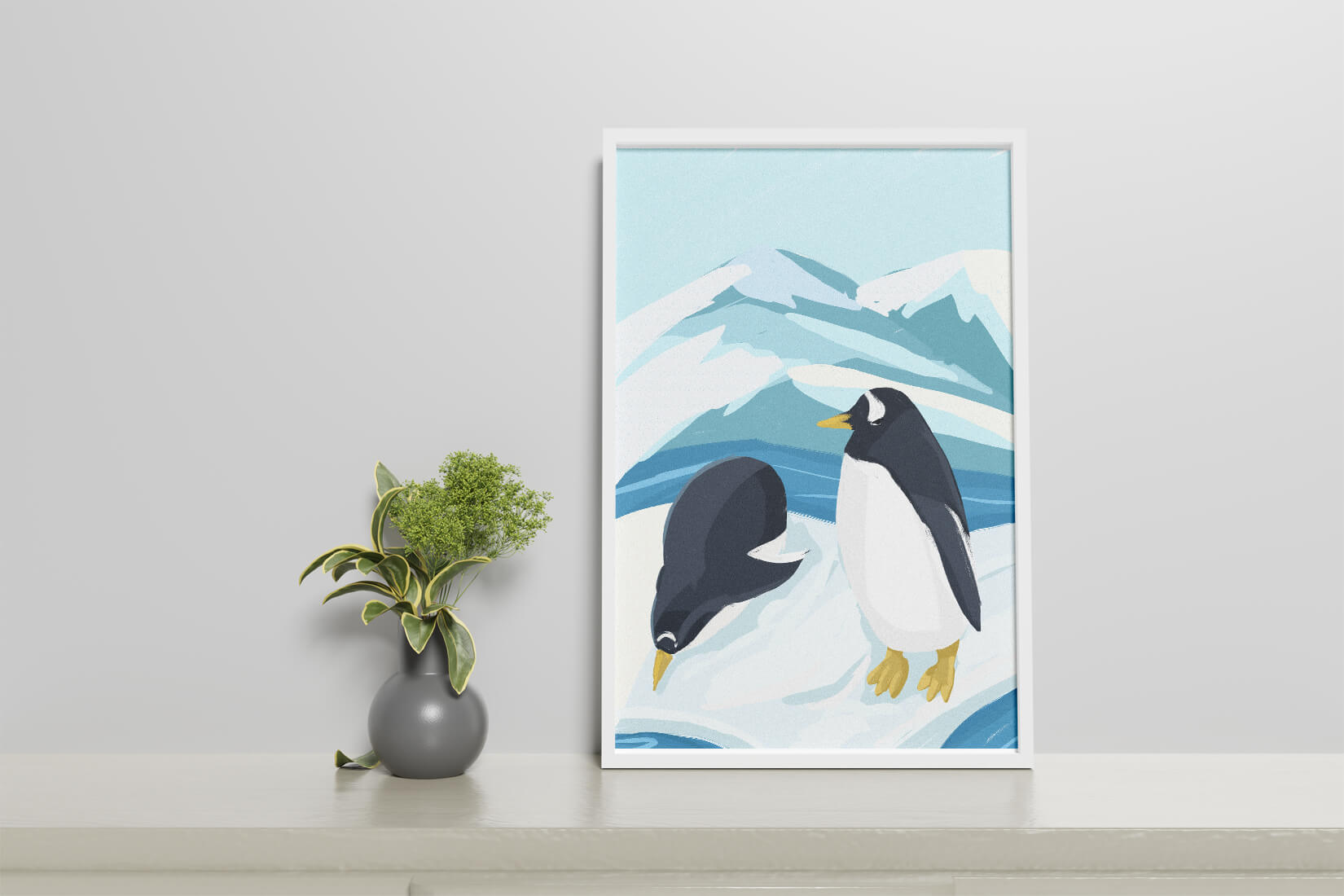 Gentoo penguins in an Antarctic landscape illustration