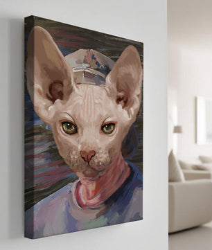 Painted portrait of a sphynx cat wearing a casual cap