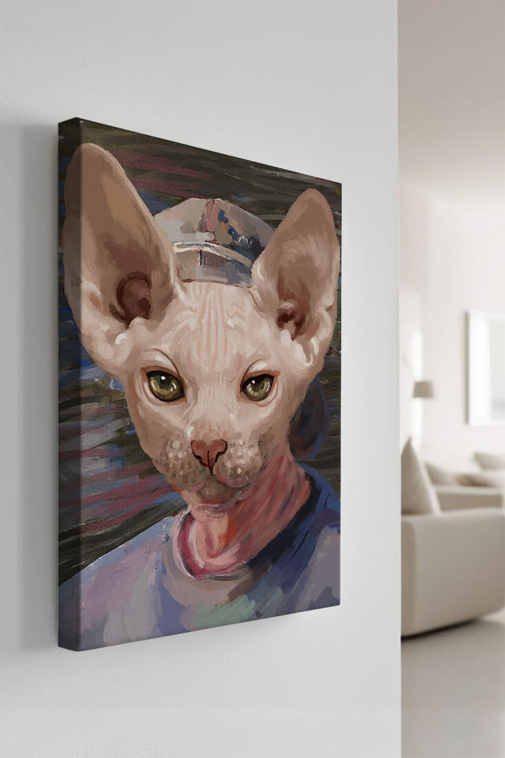 Painted portrait of a sphynx cat wearing a casual cap